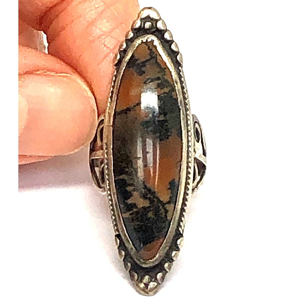 VTG Navajo Petrified Wood Ring Sz 5.5 Harvey Era Long‎ Sterling Marquis MCM